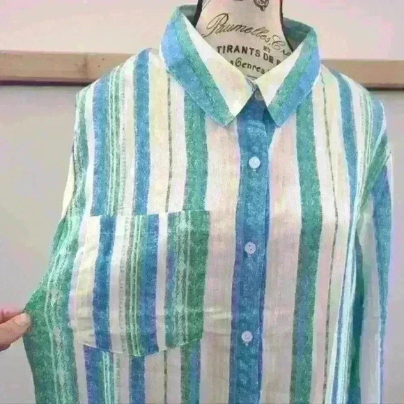 AMAZON |  Women's Blue/White/Green Button Down Collard Striped Long Sleeved Top - Picture 2 of 4